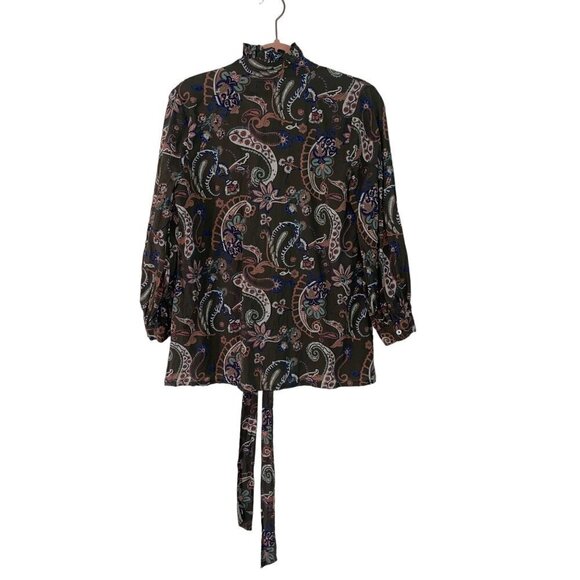Mille Top Size XS Green Multicolor Le Marais Paisley Button Front Tie Neck - Picture 3 of 10